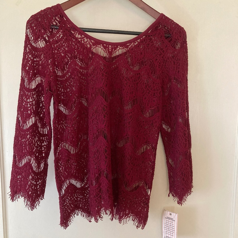 NWT Wine Colored 3/4 Sleeve Lace Top by Awake Couture Size Medium